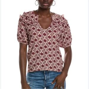 Nation Ltd Judith Yoked T Shirt Top Womens V Neck Puff Sleeve Ikat Sz S